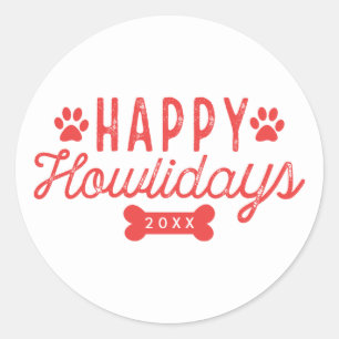 Happy Howlidays White and Red Holiday Classic Round Sticker