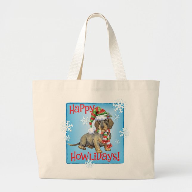 Happy Howlidays Wirehaired Dachshund Large Tote Bag (Front)
