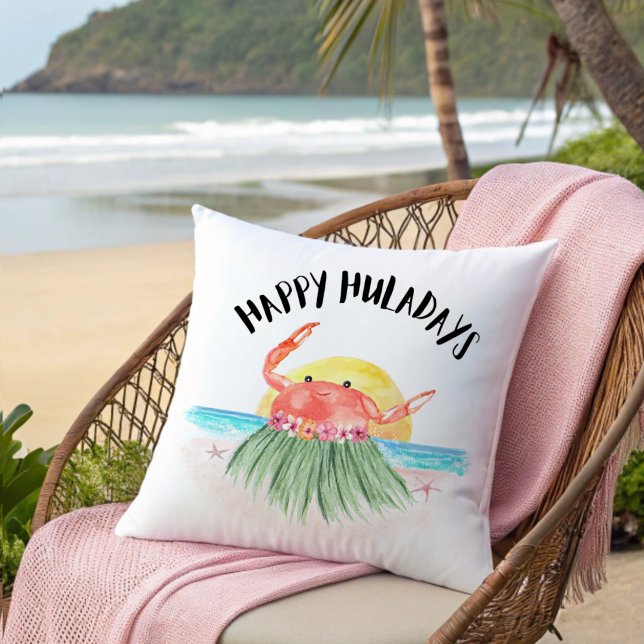 Happy Huladays Crab Tropical Beach Christmas Cushion (Creator Uploaded)