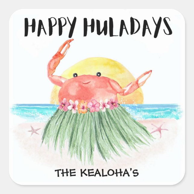 Happy Huladays Crab Tropical Beach Christmas Square Sticker (Front)