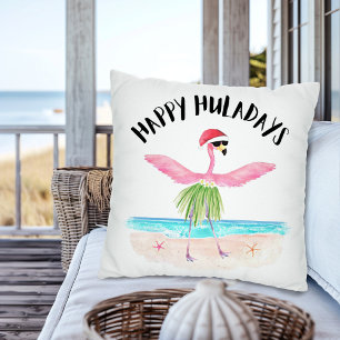 Happy Huladays Flamingo Tropical Beach Christmas Cushion
