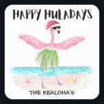 Happy Huladays Flamingo Tropical Beach Christmas Square Sticker<br><div class="desc">Add a tropical touch to your Christmas correspondence with these “Happy Huladays” stickers featuring a flamingo in a Santa hat hula dancing on the beach. Ideal for adding an island vibe to your holiday cards,  party invitations or gift wrappings. Art by KL Stock</div>