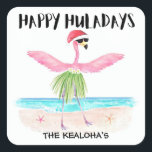 Happy Huladays Flamingo Tropical Beach Christmas Square Sticker<br><div class="desc">Add a tropical touch to your Christmas correspondence with these “Happy Huladays” stickers featuring a flamingo in a Santa hat hula dancing on the beach. Ideal for adding an island vibe to your holiday cards,  party invitations or gift wrappings. Art by KL Stock</div>