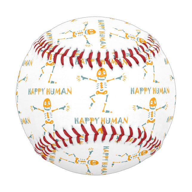 Happy human skeleton ceramic tile baseball (Front)