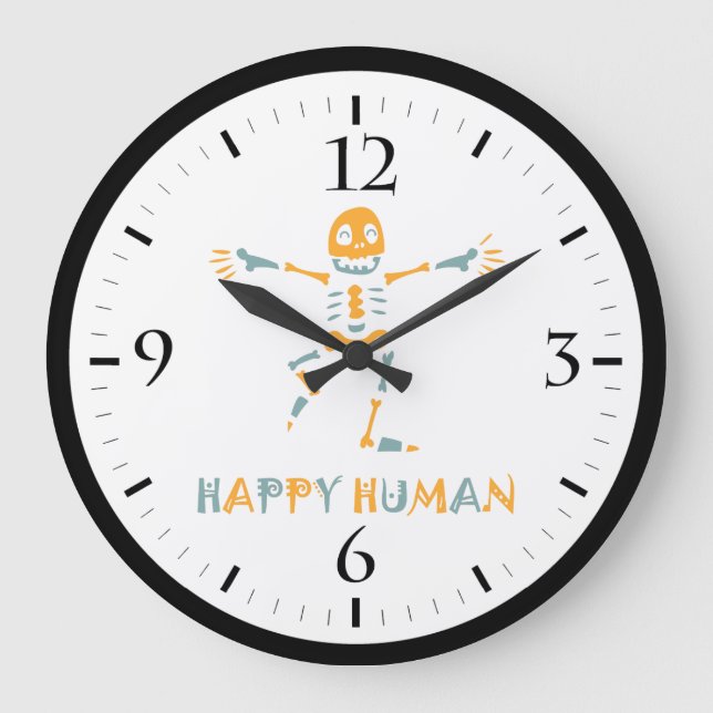 Happy human skeleton ceramic tile large clock (Front)