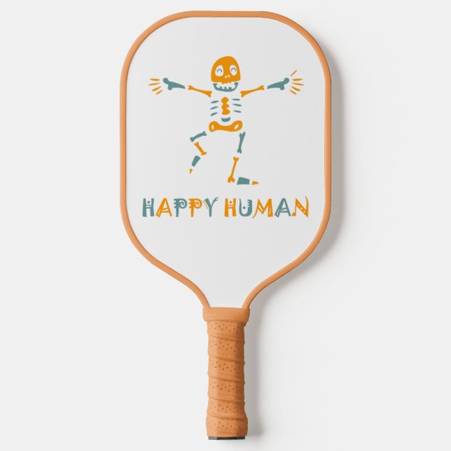 Happy human skeleton ceramic tile pickleball paddle (Front)