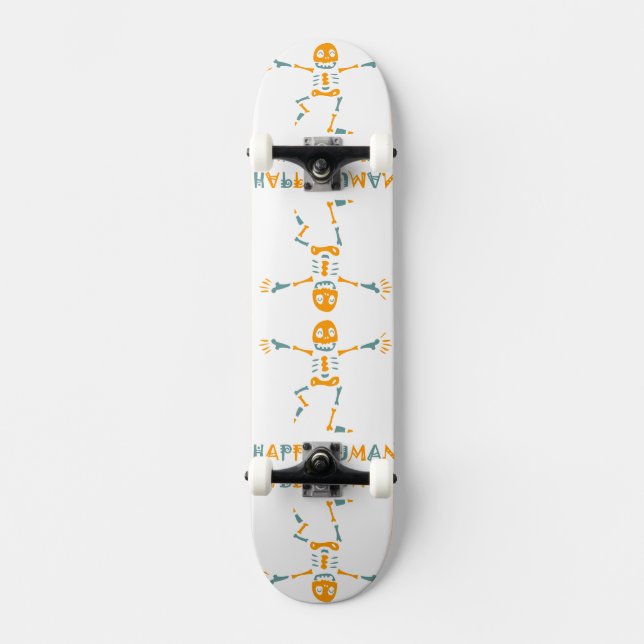 Happy human skeleton ceramic tile skateboard (Front)