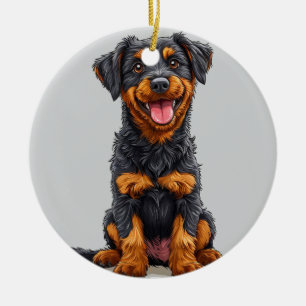 Happy Illustration of a Black and Tan Dog Ceramic Tree Decoration