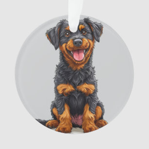 Happy Illustration of a Black and Tan Dog Ornament