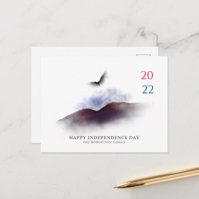 Happy Independance Day Watercolor Eagle Mountains Postcard (Front/Back In Situ)