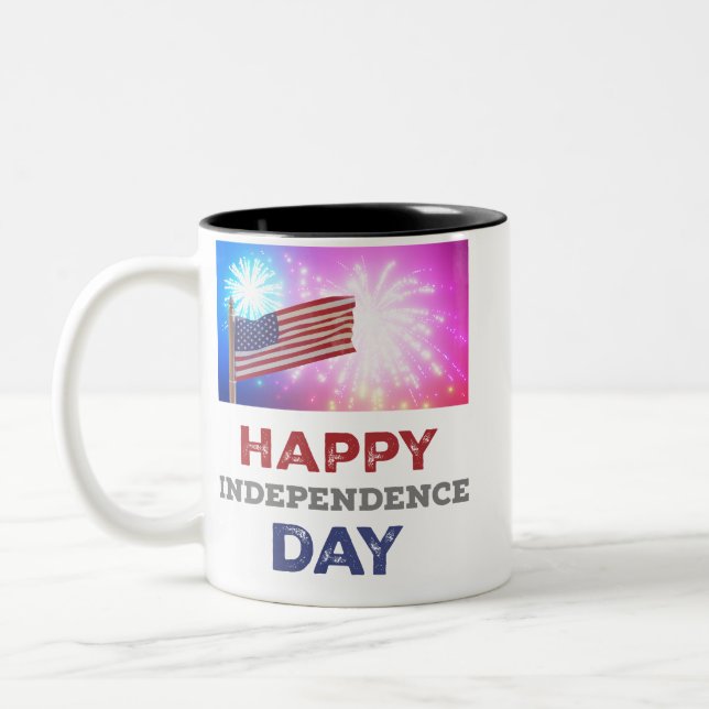 Happy Independence Day Fireworks Two-Tone Coffee Mug (Left)