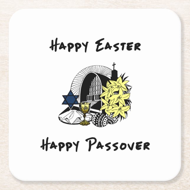 Happy Interfaith Easter and Passover Square Paper Coaster (Front)
