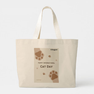 happy international cat day cute paw print design large tote bag