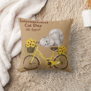 Happy International Cat Day Orange Tabby Sunflower Cushion