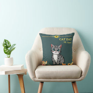 Happy International Cat Day Orange Tabby Sunflower Cushion