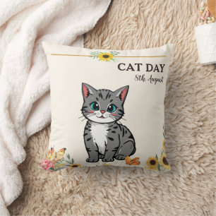 Happy International Cat Day Orange Tabby Sunflower Cushion