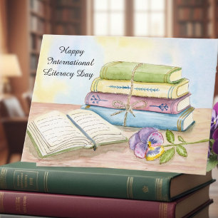 Happy International Literacy Day Books With Pansy Card