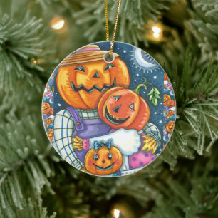 HAPPY JACK O LANTERN FAMILY, COLORFUL AND CUTE CERAMIC TREE DECORATION