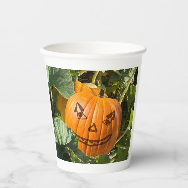 Happy jack-o-lantern pumpkin face Halloween garden Paper Cups (Front)