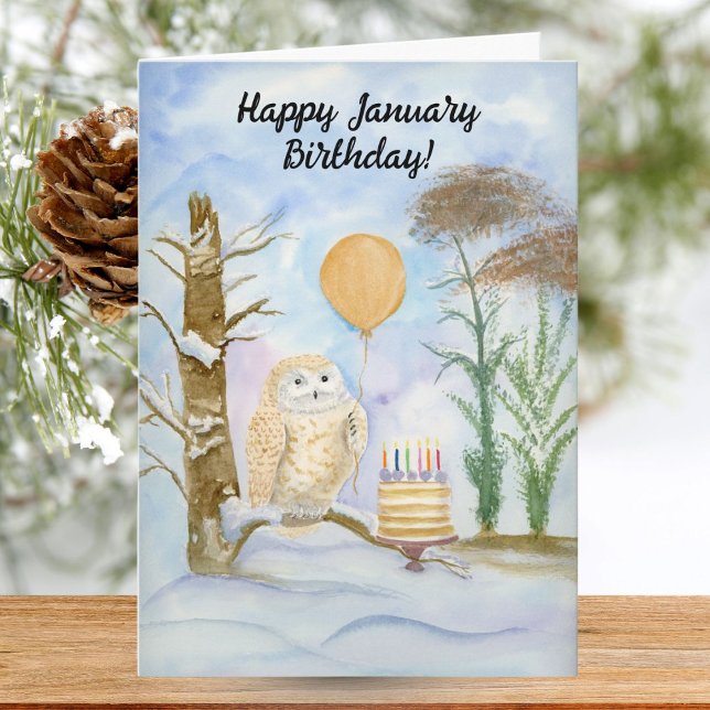 Happy January Birthday Barred Owl with Cake Card (Creator Uploaded)