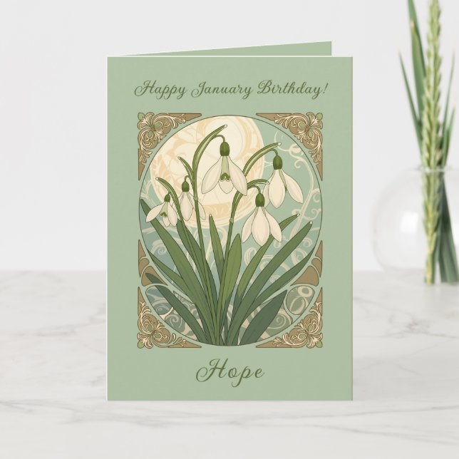 Happy January Birthday Galanthus Flowers Art Nouve Card (Front)