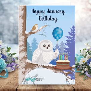 Happy January Birthday Snowy Owl with Cake Card