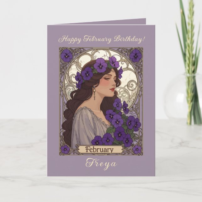 Happy January Birthday Violet Flowers Art Nouveau Card (Front)