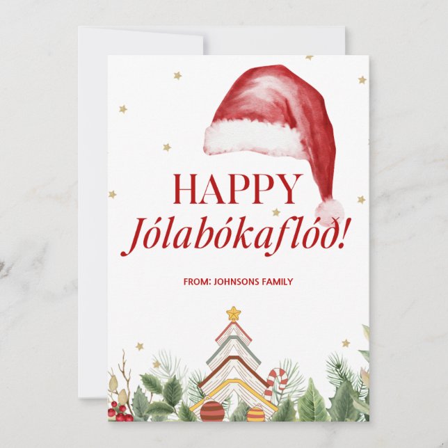 Happy Jolabokaflod Icelandic Book Cute Christmas Holiday Card (Front)