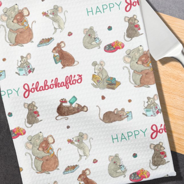 Happy Jolabokaflod Mouse Family Holiday Tea Towel (Creator Uploaded)