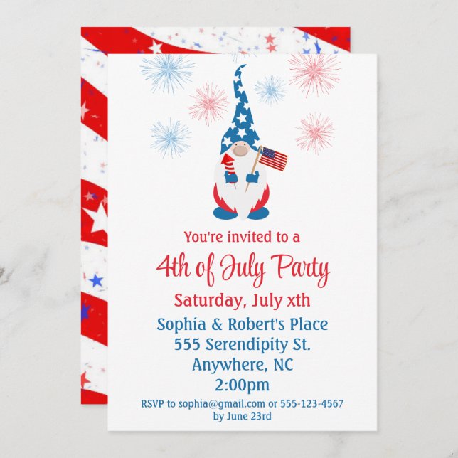 Happy July 4th Cute Gnome Fireworks Invitation (Front/Back)