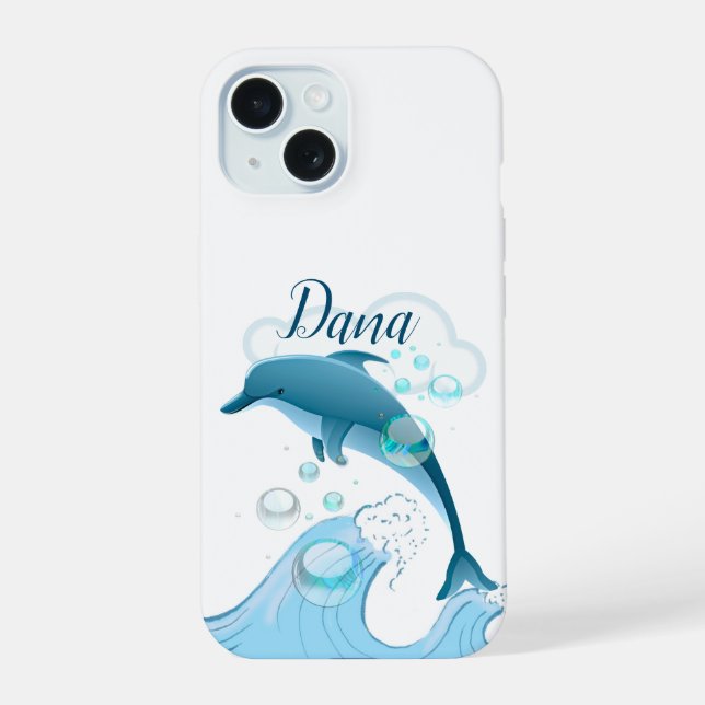 Happy Jumping Dolphin with Bubbles iPhone 15 Case (Back)