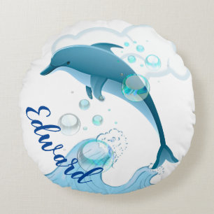 Happy Jumping Dolphin with Bubbles Round Cushion