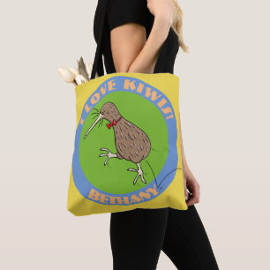 Happy jumping kiwi bird with bow tie cartoon tote bag