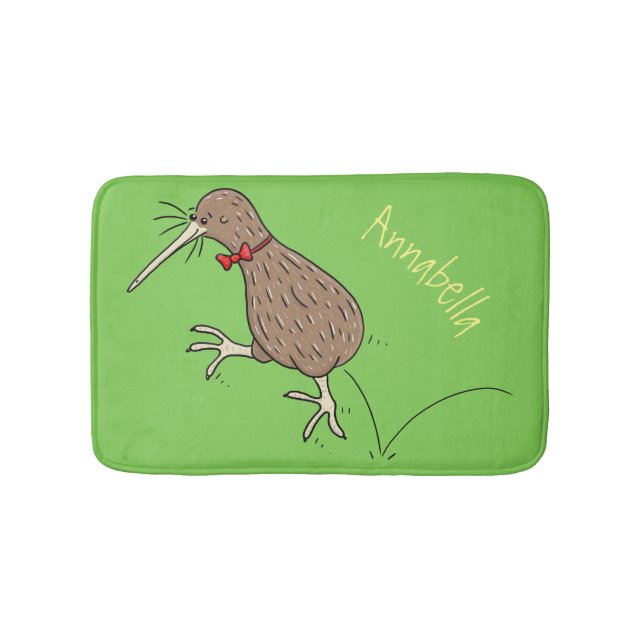 Happy jumping kiwi with bow tie cartoon design bath mat (Front)