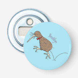 Happy jumping kiwi with bow tie cartoon design bottle opener