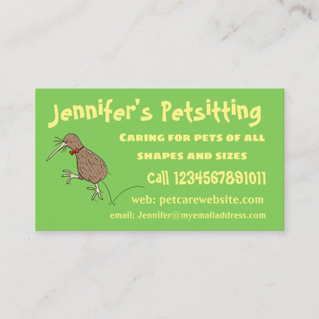 Happy jumping kiwi with bow tie cartoon design business card (Front)