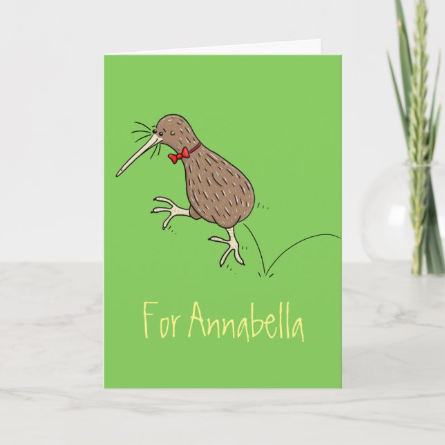 Happy jumping kiwi with bow tie cartoon design card (Front)