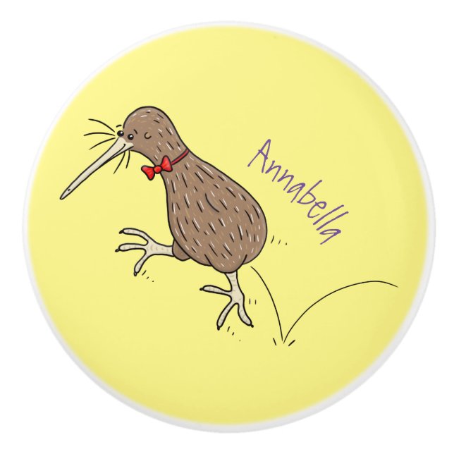 Happy jumping kiwi with bow tie cartoon design ceramic knob (Front)