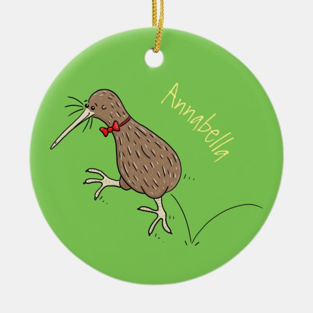 Happy jumping kiwi with bow tie cartoon design ceramic tree decoration (Front)