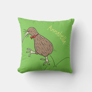 Happy jumping kiwi with bow tie cartoon design cushion