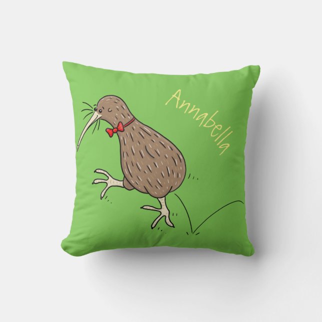Happy jumping kiwi with bow tie cartoon design cushion (Front)