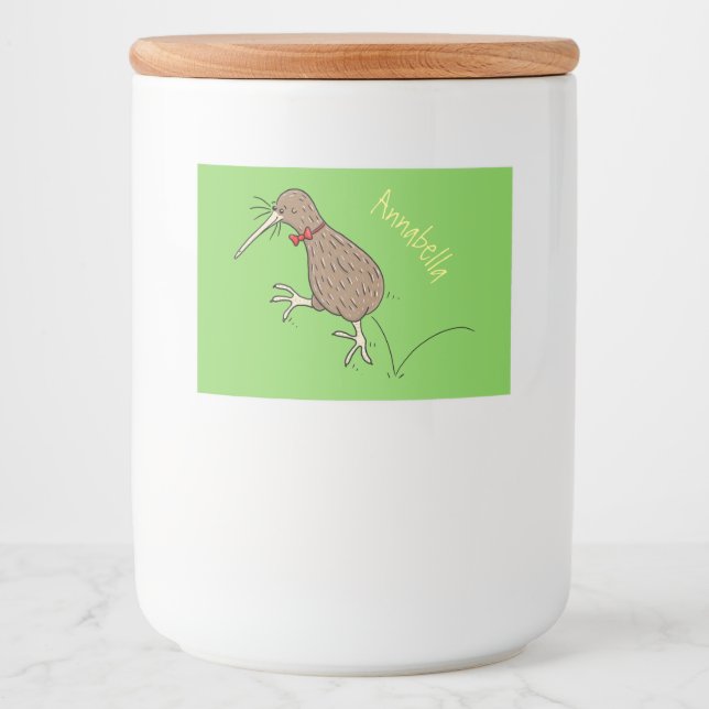 Happy jumping kiwi with bow tie cartoon design food label (Front)