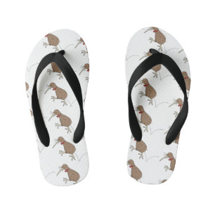 Happy jumping kiwi with bow tie cartoon design kid's jandals