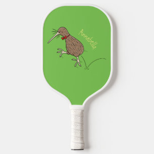 Happy jumping kiwi with bow tie cartoon design pickleball paddle
