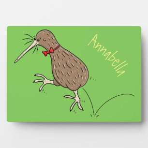 Happy jumping kiwi with bow tie cartoon design plaque