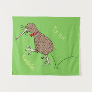 Happy jumping kiwi with bow tie cartoon design tapestry