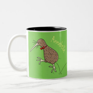 Happy jumping kiwi with bow tie cartoon design Two-Tone coffee mug