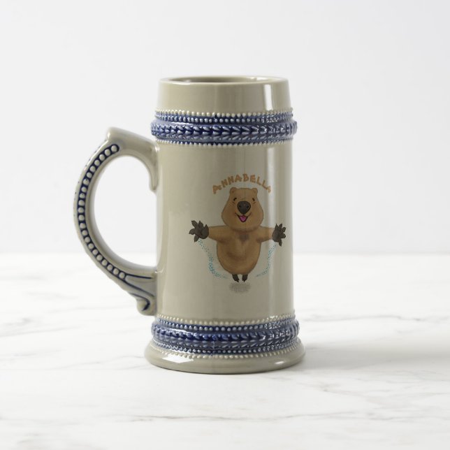 Happy jumping quokka cartoon design beer stein (Left)