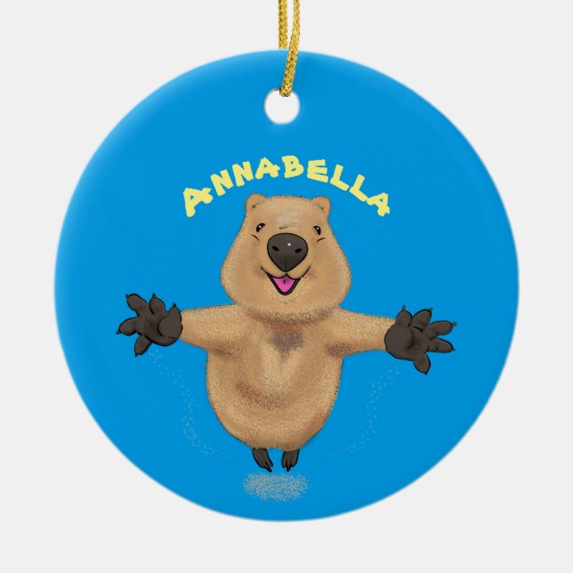 Happy jumping quokka cartoon design ceramic tree decoration (Front)