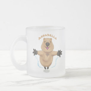 Happy jumping quokka cartoon design frosted glass coffee mug